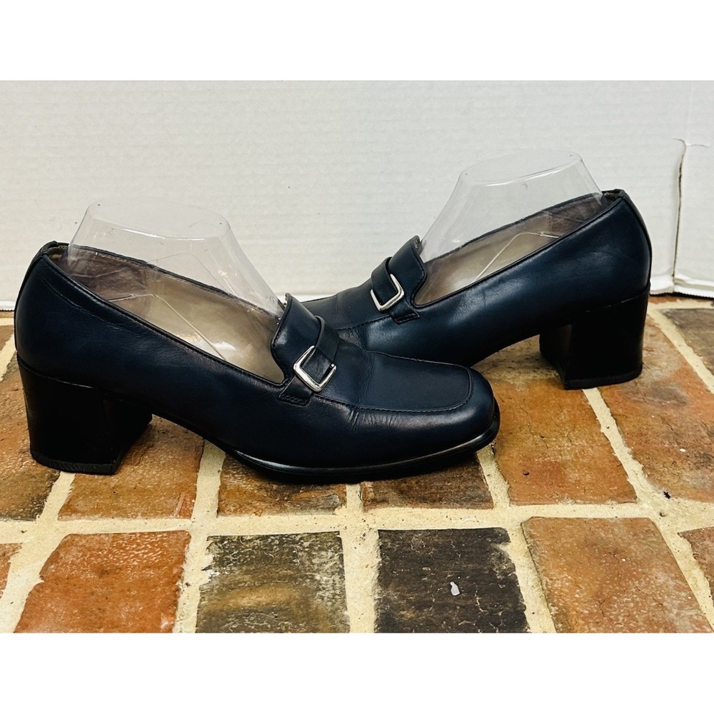 Vintage 90s Y2K Navy Blue Loafer Pumps Chunky Square Toe Block Heel Women's 9